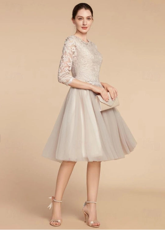 A-Line Mother of the Bride Dress Wedding Guest Elegant Jewel Neck Knee Length Lace Tulle with Pleats