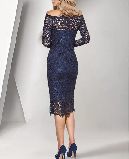 Sheath / Column Mother of the Bride Dress Formal Wedding Guest Square Neck Off Shoulder Tea Length with Lace Flower