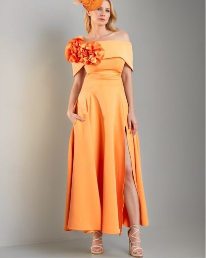 A-Line Mother of the Bride Dress Simple Off Shoulder Tea Length Stretch Satin Short Sleeve with Pleats Flower