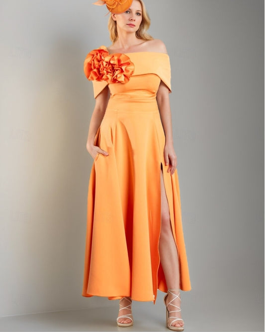 A-Line Mother of the Bride Dress Simple Off Shoulder Tea Length Stretch Satin Short Sleeve with Pleats Flower