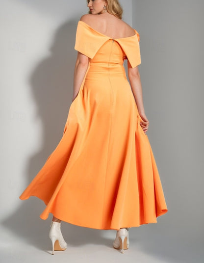 A-Line Mother of the Bride Dress Simple Off Shoulder Tea Length Stretch Satin Short Sleeve with Pleats Flower