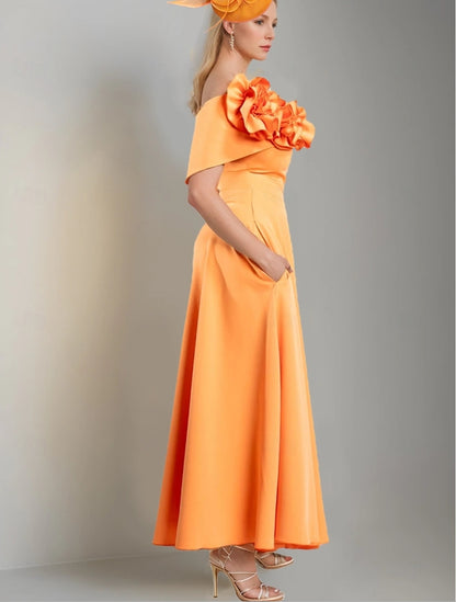 A-Line Mother of the Bride Dress Simple Off Shoulder Tea Length Stretch Satin Short Sleeve with Pleats Flower