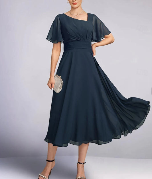 A-Line Mother of the Bride Dress Elegant V Neck Tea Length Chiffon 3/4 Length Sleeve