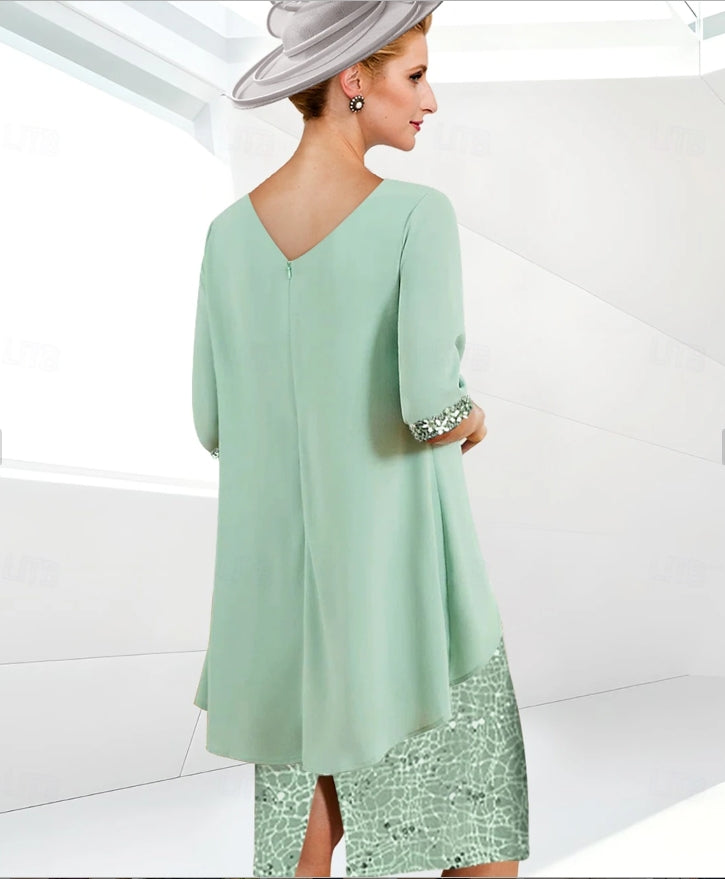 Sheath / Column Mother of the Bride Dress Elegant Jewel Neck Knee Length  Chiffon Half Sleeve with Lace Ruching