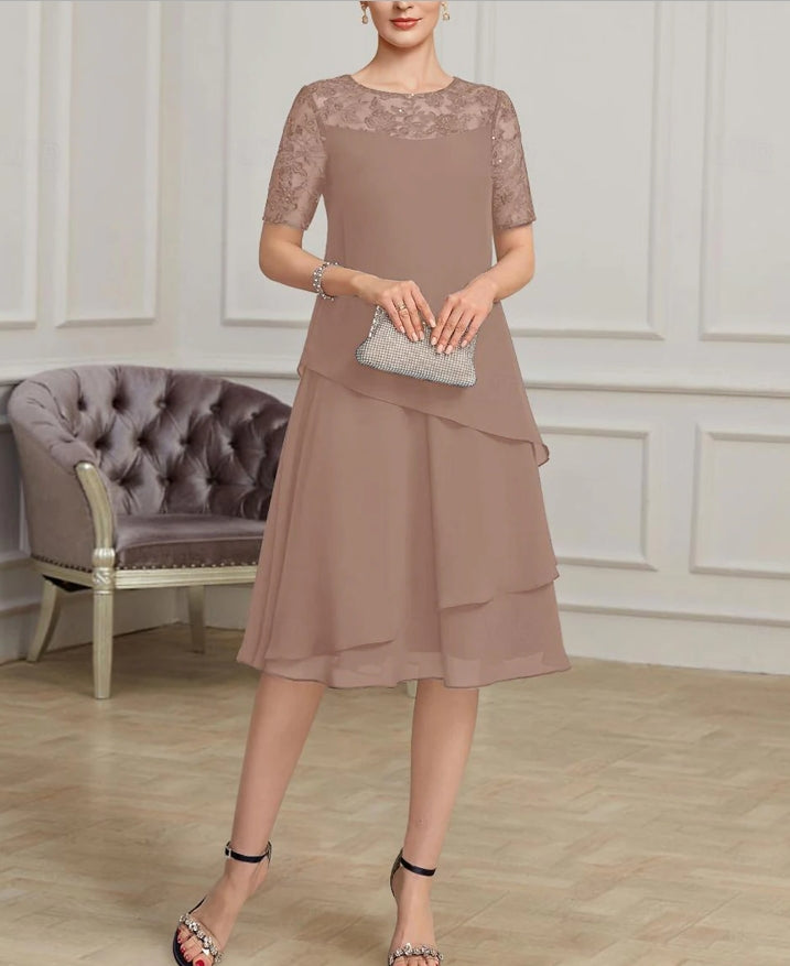 A-Line Mother of the Bride Dress Fall Wedding Guest Jewel Neck Tea Length Chiffon Short Sleeve with Lace