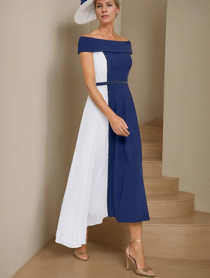 A-Line Mother of the Bride Dress Formal Wedding Guest Elegant V Neck Tea Length Chiffon with Sash / Ribbon