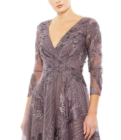 Embroidered Surplice V-Neck 3/4 Sleeve Tea Length A-Line Dress Cocktail Dresses