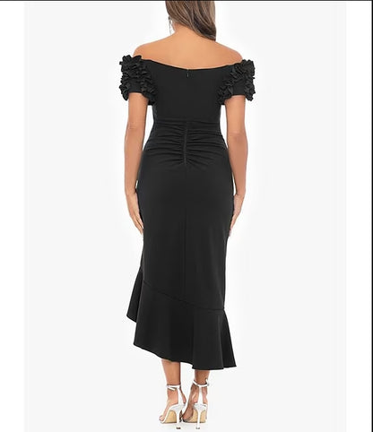 3D Ruffle Off-the-Shoulder Ruffle Front Ruched Detail Midi Dress Cocktail Dresses