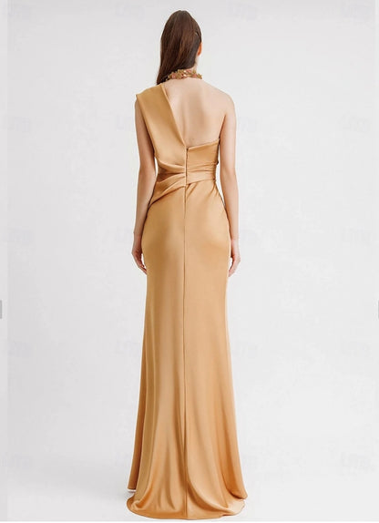 Sheath / Column Evening Gown Floor Length Sleeveless One Shoulder Pocket Satin with Appliques