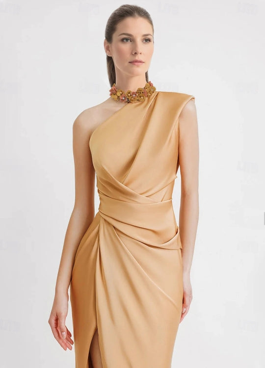 Sheath / Column Evening Gown Floor Length Sleeveless One Shoulder Pocket Satin with Appliques