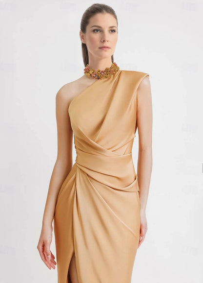 Sheath / Column Evening Gown Floor Length Sleeveless One Shoulder Pocket Satin with Appliques