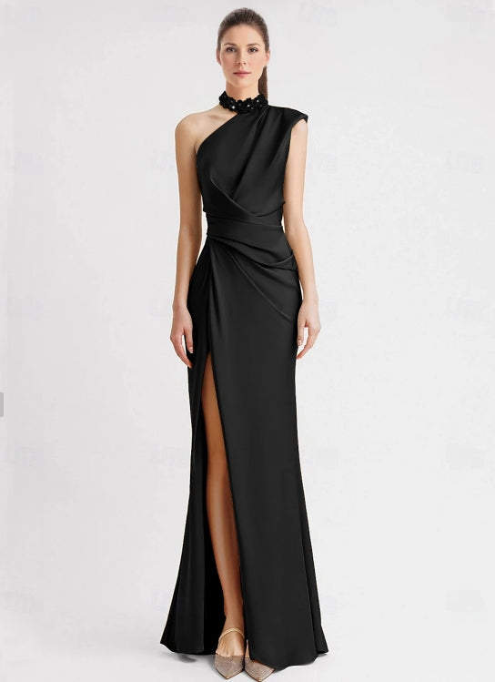 Sheath / Column Evening Gown Floor Length Sleeveless One Shoulder Pocket Satin with Appliques