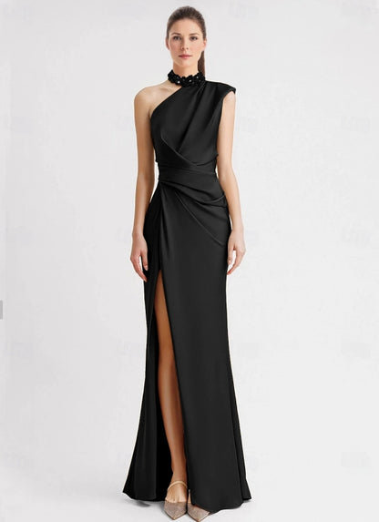 Sheath / Column Evening Gown Floor Length Sleeveless One Shoulder Pocket Satin with Appliques