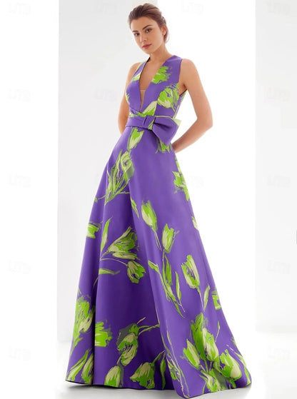 A-Line Evening Gown Formal Floor Length Sleeveless V Neck Satin with Floral Print Bow(s)