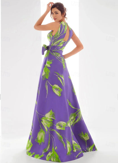 A-Line Evening Gown Formal Floor Length Sleeveless V Neck Satin with Floral Print Bow(s)