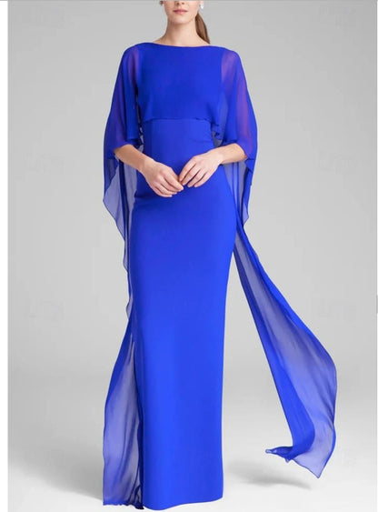 Sheath / Column Evening Gown Wedding Guest Floor Length Short Sleeve Jewel Neck Capes Stretch Chiffon with Shawl