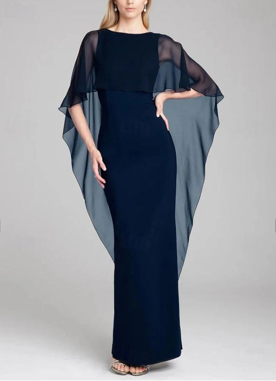 Sheath / Column Evening Gown Wedding Guest Floor Length Short Sleeve Jewel Neck Capes Stretch Chiffon with Shawl