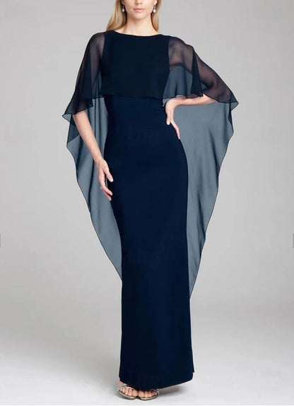 Sheath / Column Evening Gown Wedding Guest Floor Length Short Sleeve Jewel Neck Capes Stretch Chiffon with Shawl