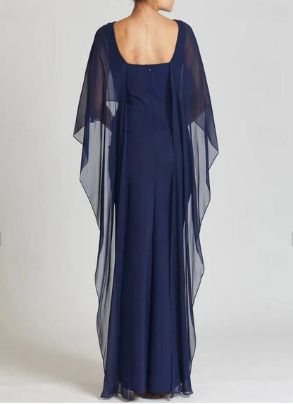 Sheath / Column Evening Gown Wedding Guest Floor Length Short Sleeve Jewel Neck Capes Stretch Chiffon with Shawl