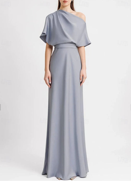 A-Line Evening Gown Wedding Guest Floor Length Sleeveless One Shoulder Satin with Pleats Butterfly