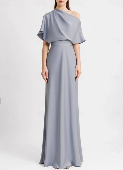 A-Line Evening Gown Wedding Guest Floor Length Sleeveless One Shoulder Satin with Pleats Butterfly