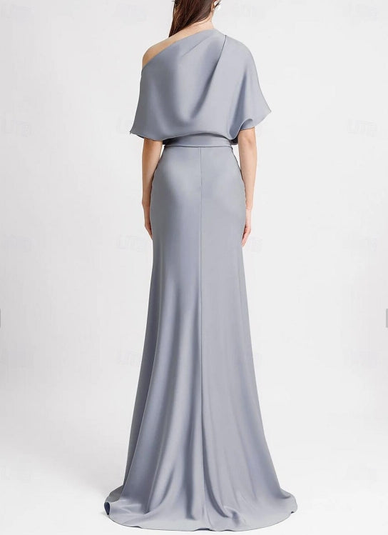 A-Line Evening Gown Wedding Guest Floor Length Sleeveless One Shoulder Satin with Pleats Butterfly