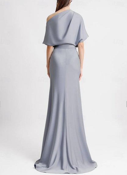 A-Line Evening Gown Wedding Guest Floor Length Sleeveless One Shoulder Satin with Pleats Butterfly