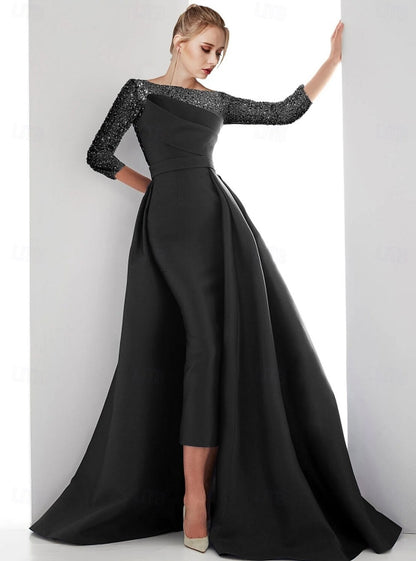 Sheath / Column Evening Gown Sweep / Brush Train Long Sleeve Illusion Neck Champagne Mother Of the Bride Dress Satin with Pearls