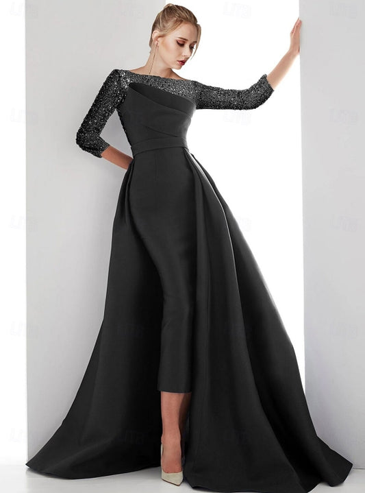 Sheath / Column Evening Gown Sweep / Brush Train Long Sleeve Illusion Neck Champagne Mother Of the Bride Dress Satin with Pearls