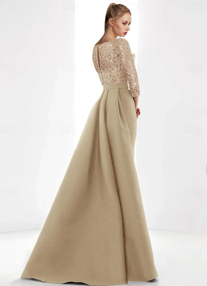 Sheath / Column Evening Gown Sweep / Brush Train Long Sleeve Illusion Neck Champagne Mother Of the Bride Dress Satin with Pearls