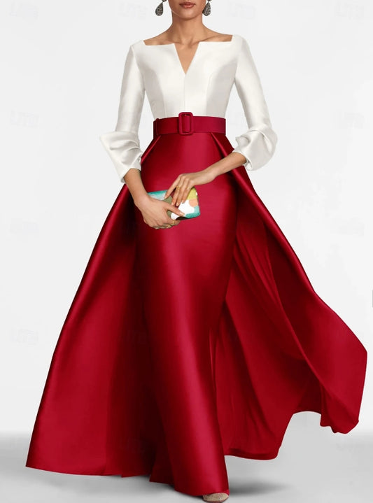Sheath / Column Evening Gown Formal Christmas Floor Length 3/4 Length Sleeve V Neck Belt / Sash Satin with Slit