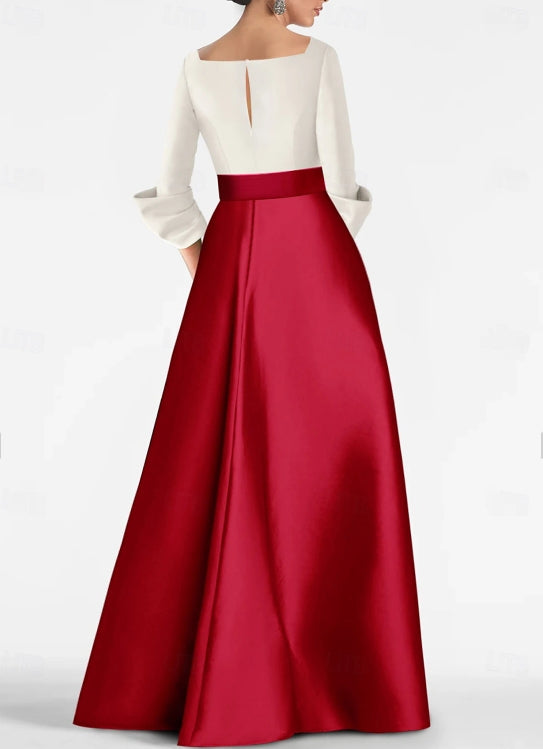 Sheath / Column Evening Gown Formal Christmas Floor Length 3/4 Length Sleeve V Neck Belt / Sash Satin with Slit