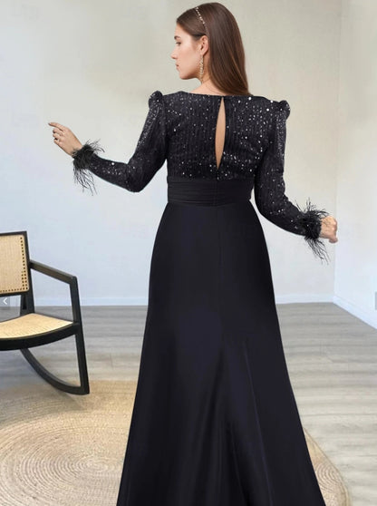 A-Line Evening Gown Floor Length Long Sleeve Illusion Neck Black Mother Of the Bride Dress Sequined with Feather Pearls Overskirt