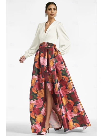 A-Line Evening Gown High Split Formal Wedding Guest Floor Length Long Sleeve V Neck Belt / Sash Satin with Floral Print