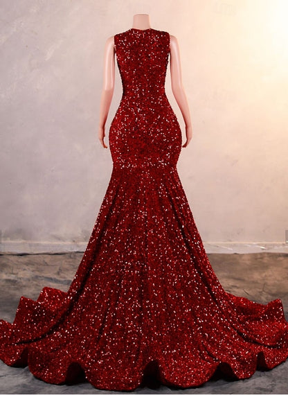Mermaid / Trumpet Evening Gown Court Train Sleeveless Jewel Neck Fall Wedding Reception Sequined with Crystals Sequin