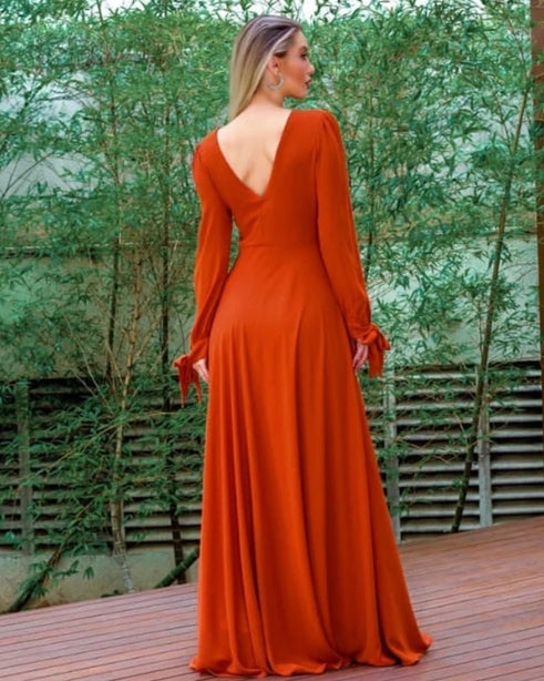 A-Line V-Neck Burnt Orange Bridesmaid Dresses Cold Sleeves Floor-length Dress
