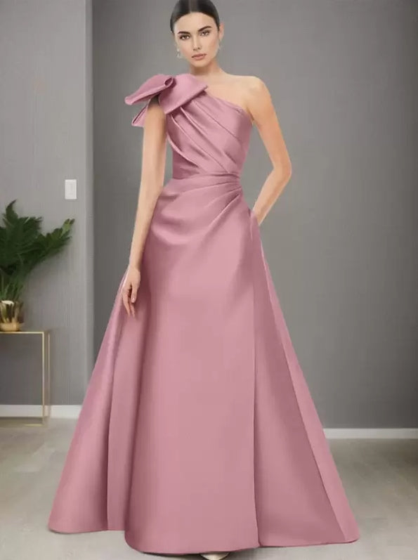 One-Shoulder Sleeveless A-Line Bows Mother of the Bride Dresse Floor-Length Wedding Guest Dresses