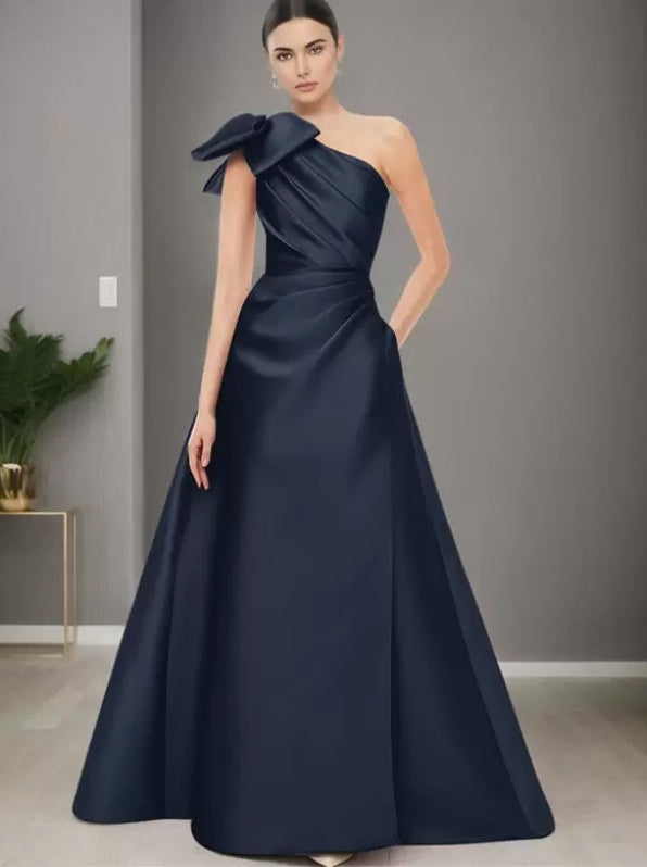 One-Shoulder Sleeveless A-Line Bows Mother of the Bride Dresse Floor-Length Wedding Guest Dresses