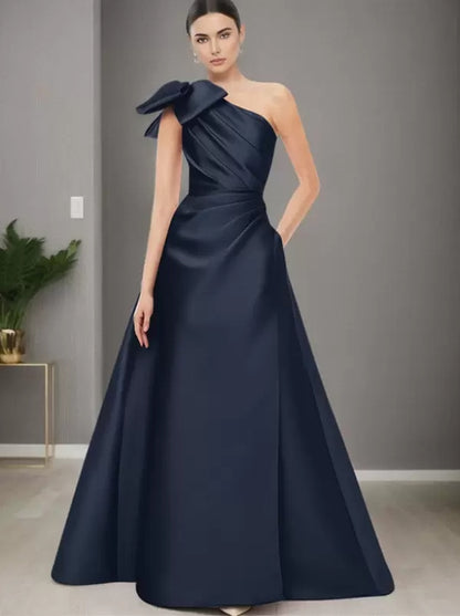 One-Shoulder Sleeveless A-Line Bows Mother of the Bride Dresse Floor-Length Wedding Guest Dresses