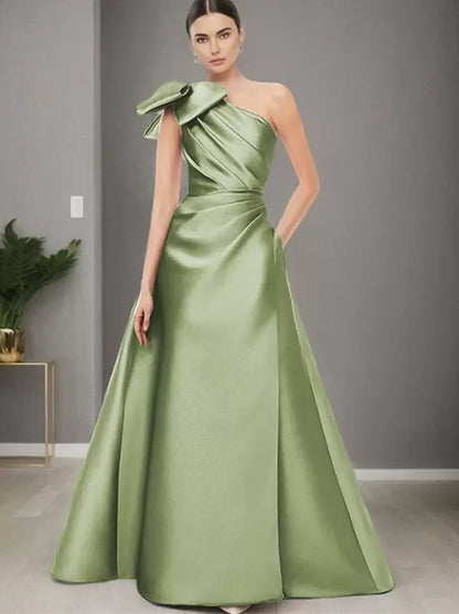 One-Shoulder Sleeveless A-Line Bows Mother of the Bride Dresse Floor-Length Wedding Guest Dresses