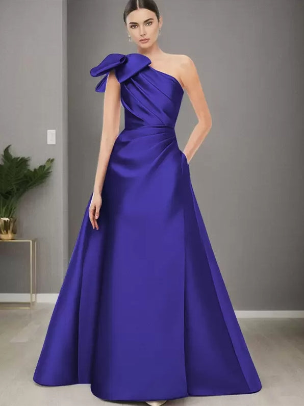 One-Shoulder Sleeveless A-Line Bows Mother of the Bride Dresse Floor-Length Wedding Guest Dresses