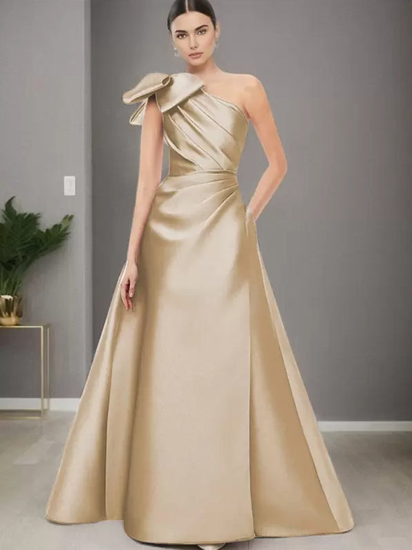 One-Shoulder Sleeveless A-Line Bows Mother of the Bride Dresse Floor-Length Wedding Guest Dresses