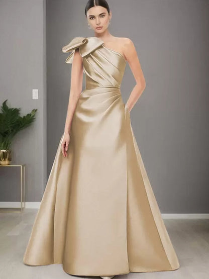 One-Shoulder Sleeveless A-Line Bows Mother of the Bride Dresse Floor-Length Wedding Guest Dresses