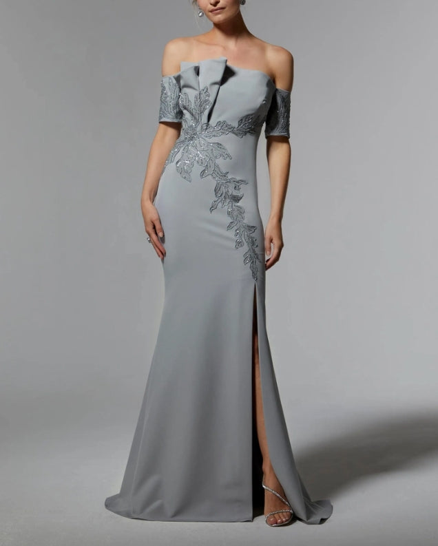 Mermaid Off Shoulder Floor-length Wedding Guest Dresses Sequins Beaded Mother of the Bride Dress With Slit