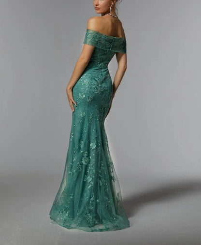 Sequins/Sparkling Mermaid Tulle With Appliques Off Shoulder Mother of the Bride Dress Evening Dresses