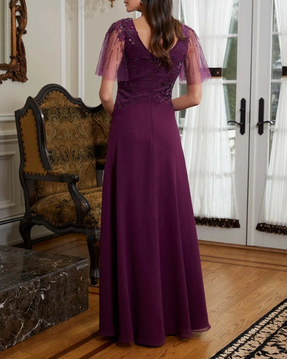 A-Line V-Neck Mother of the Bride Dress Beaded Tulle Evening Dresses Wedding Guest Party Dresses