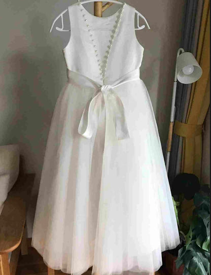 White Sleeveless Open Back Pearls Girl Party Dress