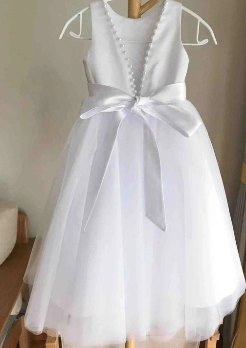 White Sleeveless Open Back Pearls Girl Party Dress