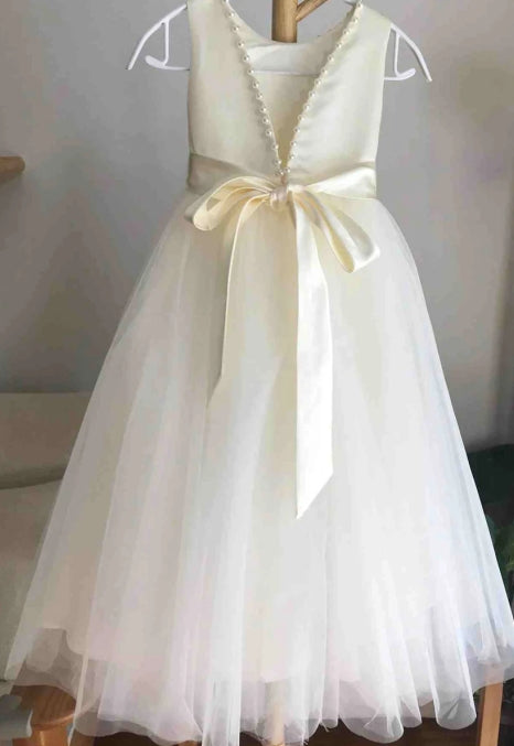 White Sleeveless Open Back Pearls Girl Party Dress