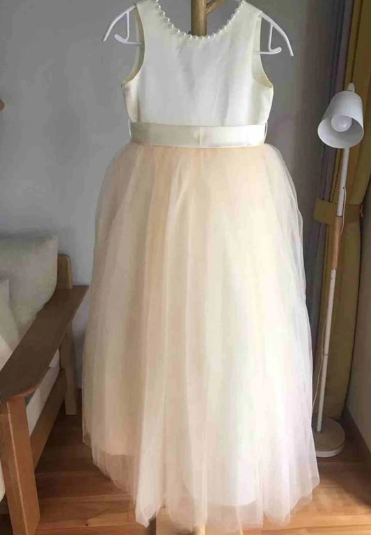 White Sleeveless Open Back Pearls Girl Party Dress